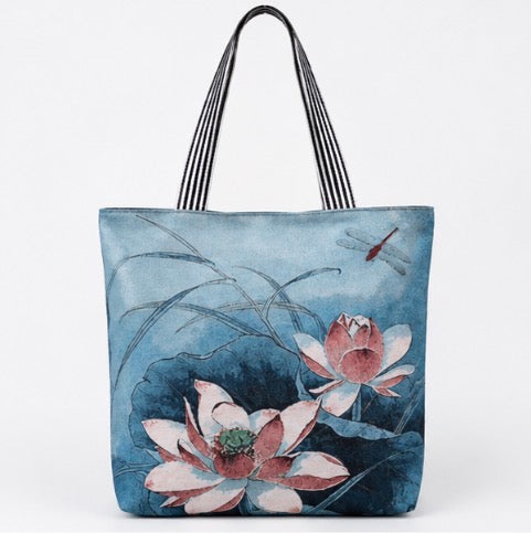 Large Lotus Floral Tote Bag for Women with Zipper – Waterproof Canvas Shoulder Bag for Work, Travel & Shopping