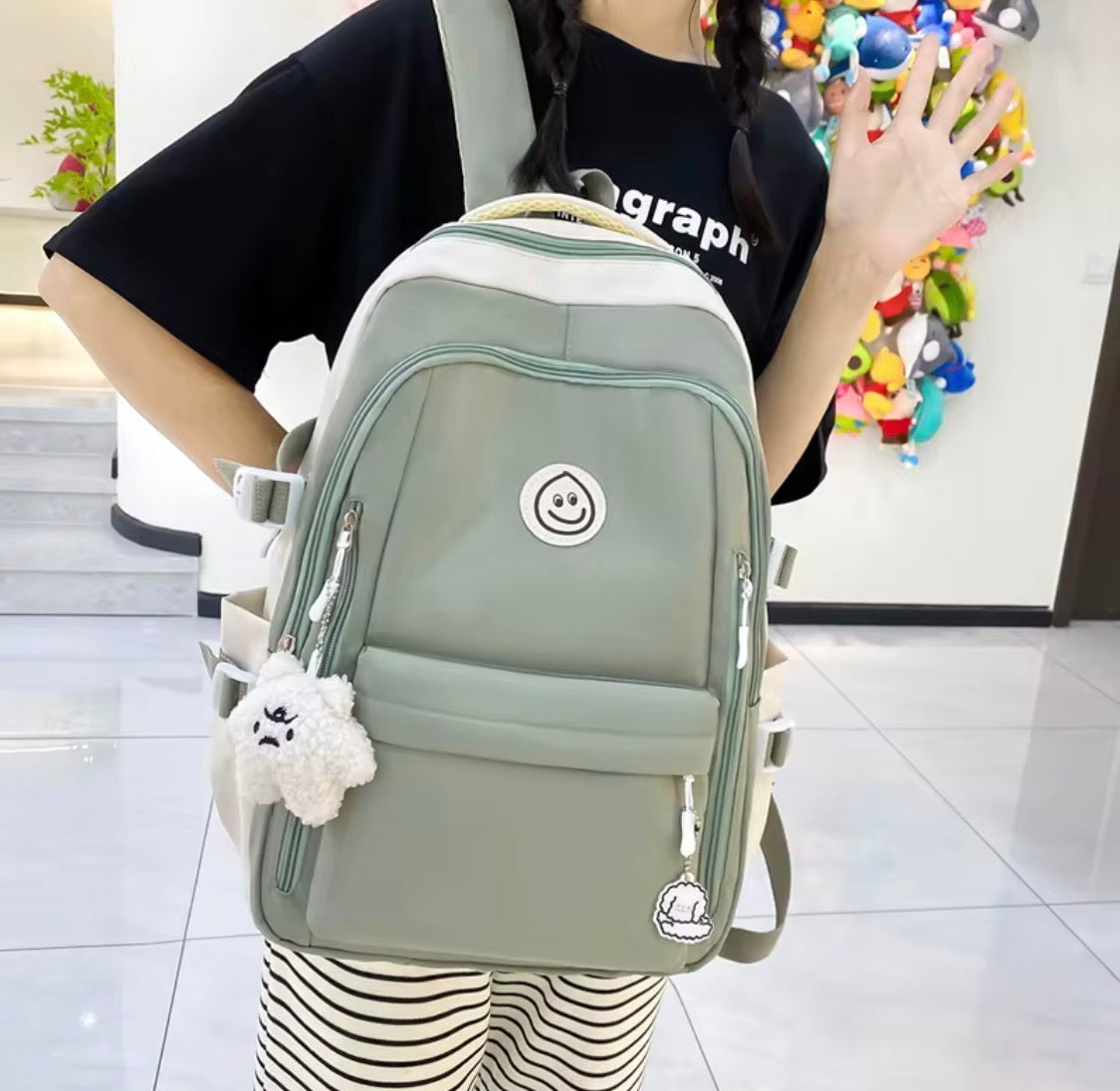 Kids Backpack Sage Green & Cream Smiley Face