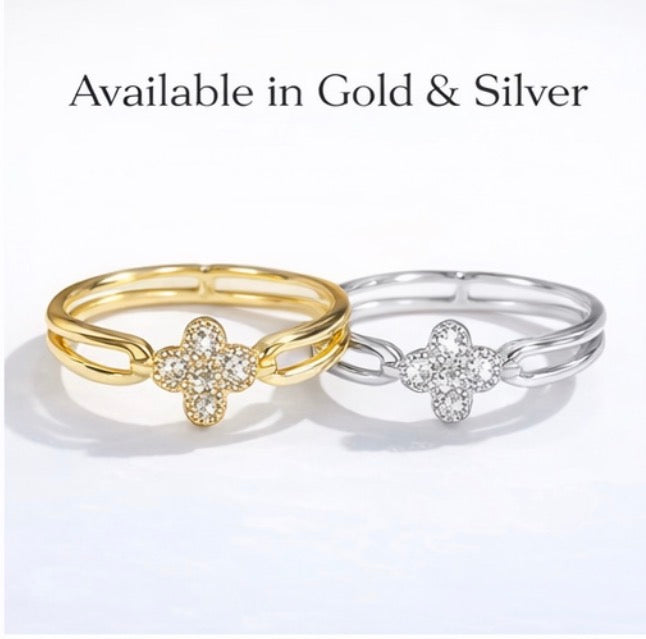 Elegant Clover Crystal Ring (Size 8) | Gold & Silver Finish