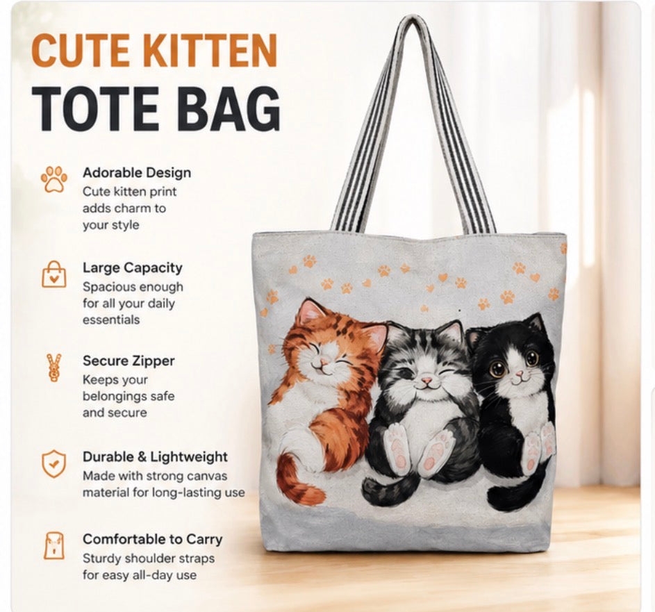 Cute Kitten Tote Bag with Zipper