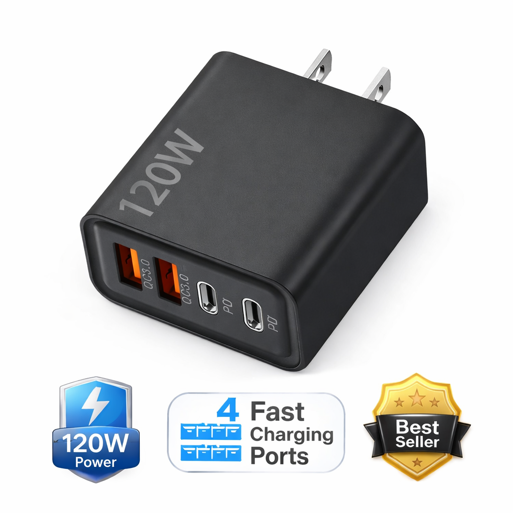 120W 4-Port Fast Charger USB-C & USB Wall Adapter (Black)