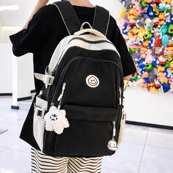 Kids Backpack Black & Cream Smiley Face