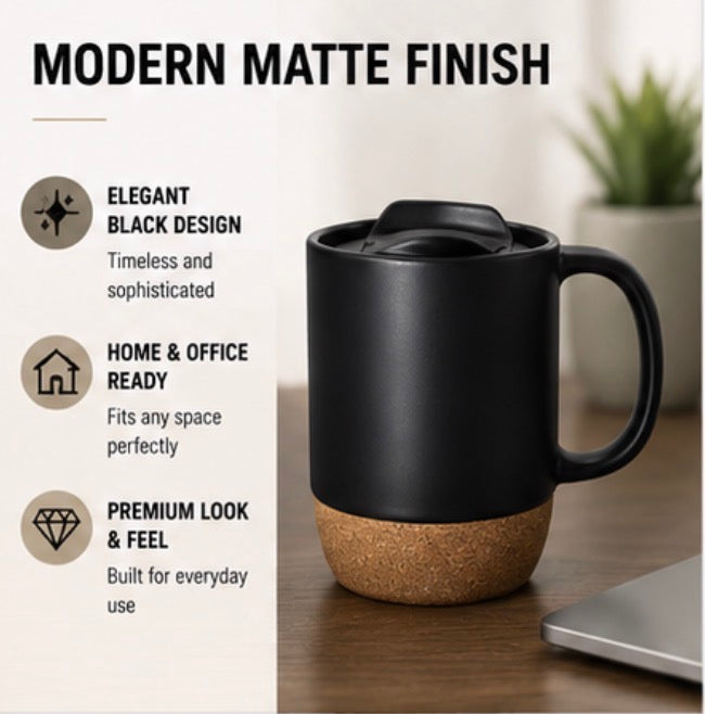 12oz Ceramic Coffee Mug with Cork Base & Splash-Proof Lid, Matte Black Coffee Cup, Reusable Travel Mug for Home Office Desk, Eco-Friendly Tea Mug with Non-Slip Cork Bottom