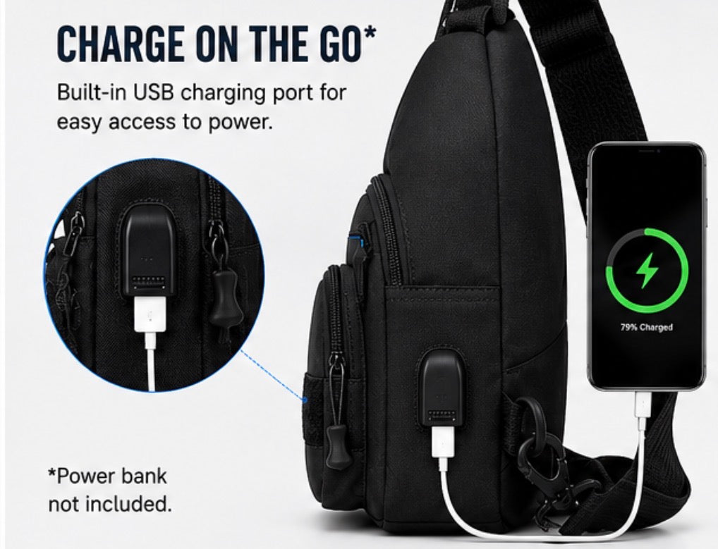 Men’s Sling Bag with USB Charging Port, Lightweight Crossbody Chest Bag, Water-Resistant Outdoor Daypack for Travel, Hiking, Work & Everyday Carry