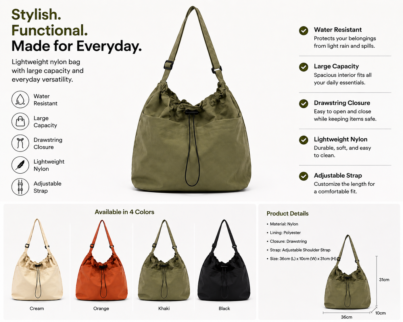 Minimalist style Drawstring Nylon Shoulder Tote Bag (Waterproof, Large Capacity)