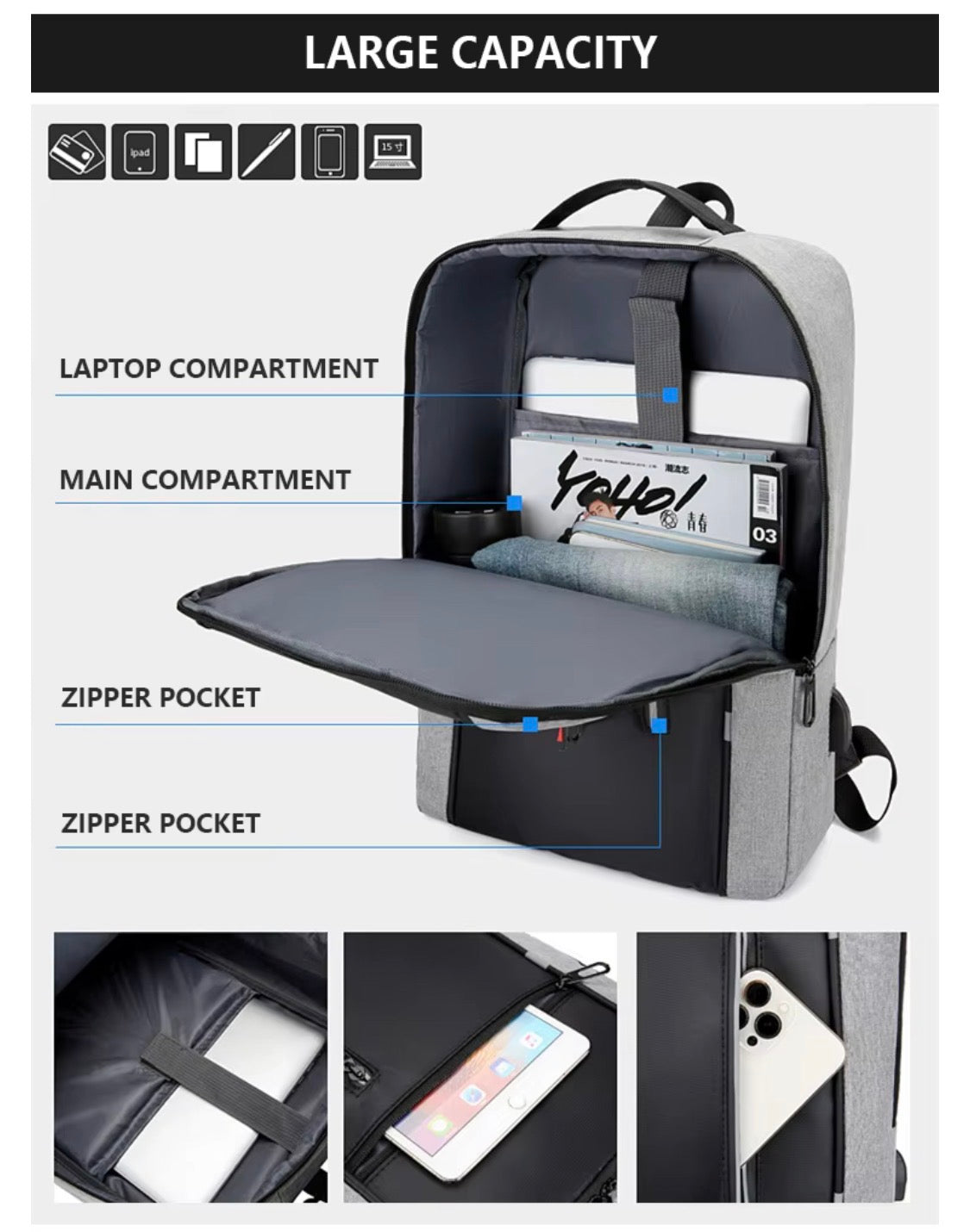Laptop backpack with USB charging port