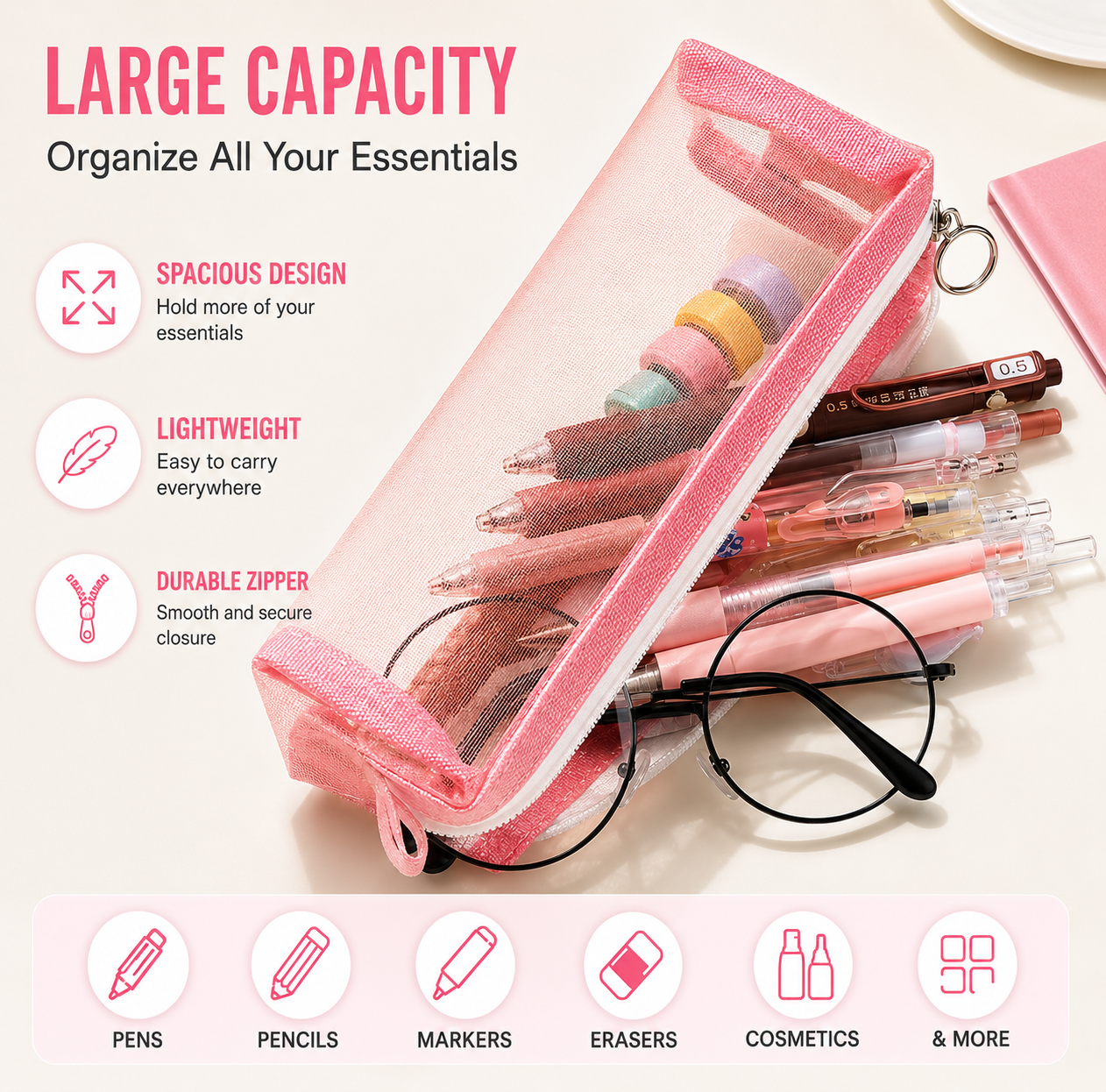 (2 pack )Transparent Mesh Pencil Case