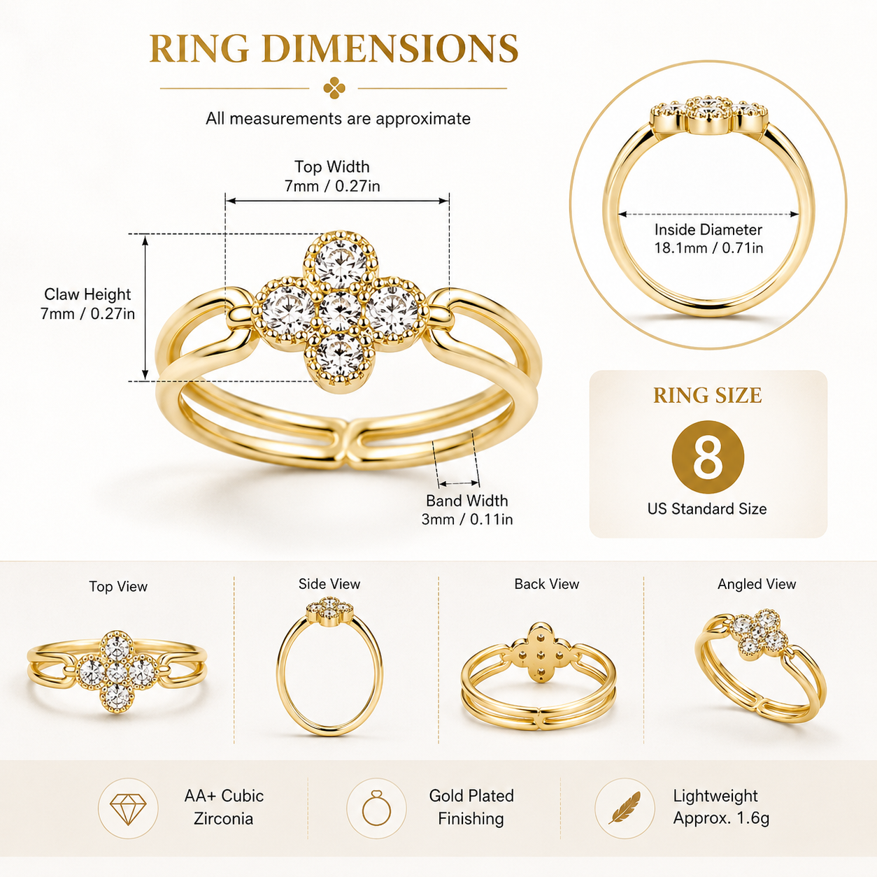 Four Leaf Clover Ring for Women, Gold or Silver Tone Stainless Steel Ring with Cubic Zirconia, Lucky Flower Ring, Fixed US Size 8, Dainty Fashion Jewelry Gift for H