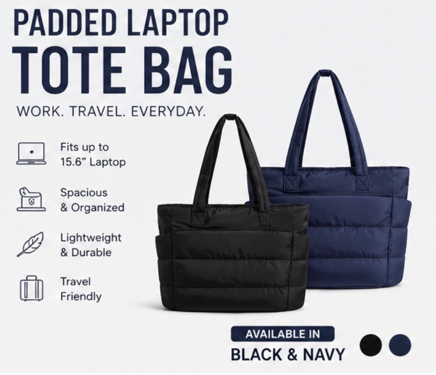 Padded Laptop Tote Bag – 15.6” Quilted Work & Travel Bag (Black & Navy)