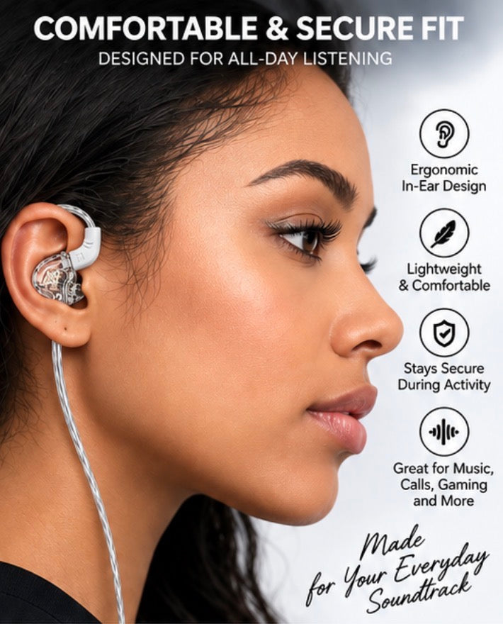 QKZ AK6 DMX Wired In-Ear Earphones, Clear Transparent Earbuds with 10mm Dynamic Driver, 3.5mm Plug, Detachable Cable, In-Line Microphone, Over-Ear Ear Hooks for Music, Gaming & Everyday Use