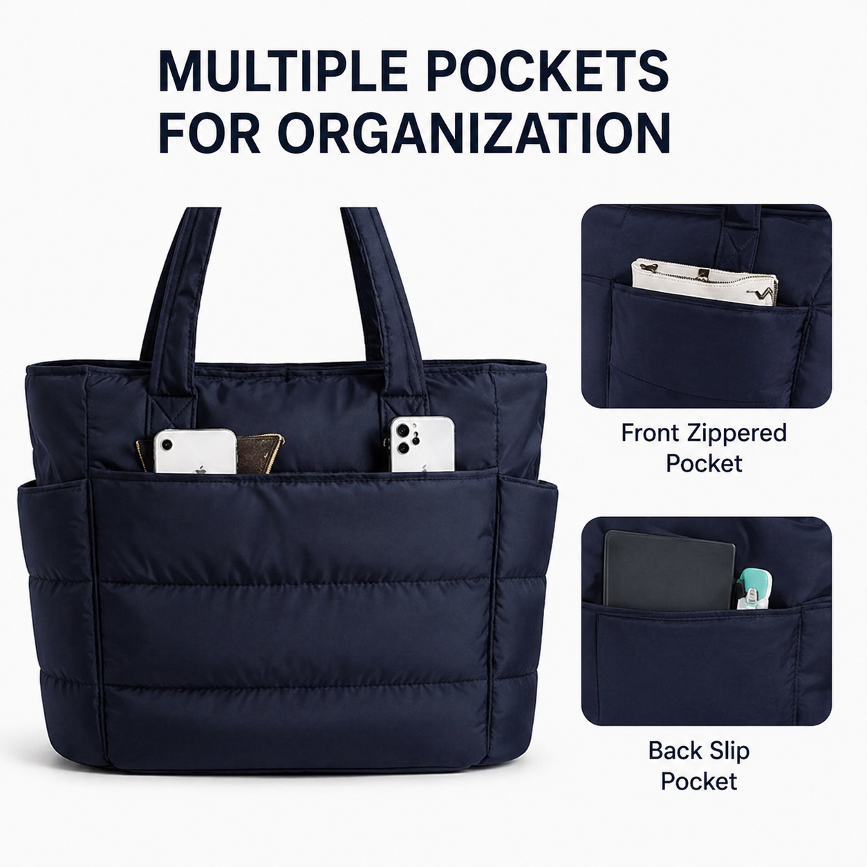 Padded Laptop Tote Bag – 15.6” Quilted Work & Travel Bag (Black & Navy)