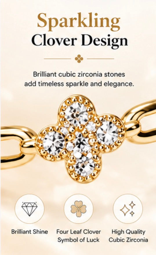 Four Leaf Clover Ring for Women, Gold or Silver Tone Stainless Steel Ring with Cubic Zirconia, Lucky Flower Ring, Fixed US Size 8, Dainty Fashion Jewelry Gift for H