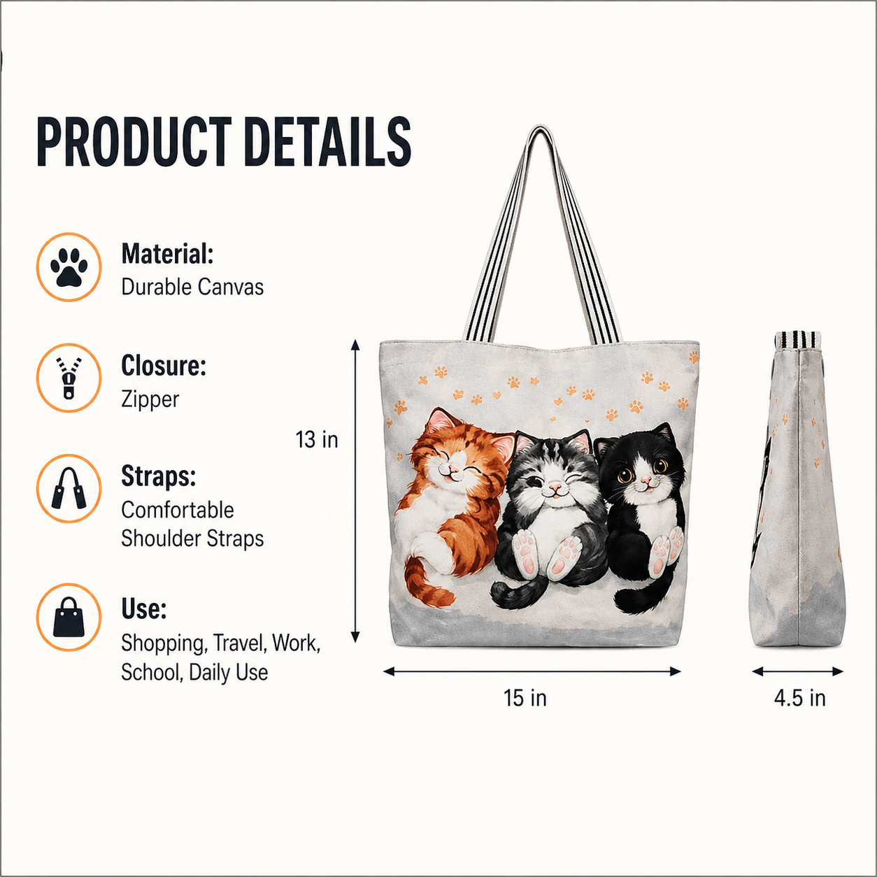Cute Kitten Tote Bag with Zipper