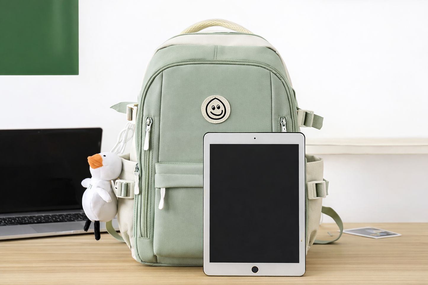 Kids Backpack Sage Green & Cream Smiley Face
