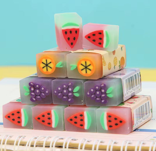 CJBLU Fruit Shaped Erasers, 3 Pieces, Watermelon Orange Grape Designs, Multi-Colored Decorative School Supplies