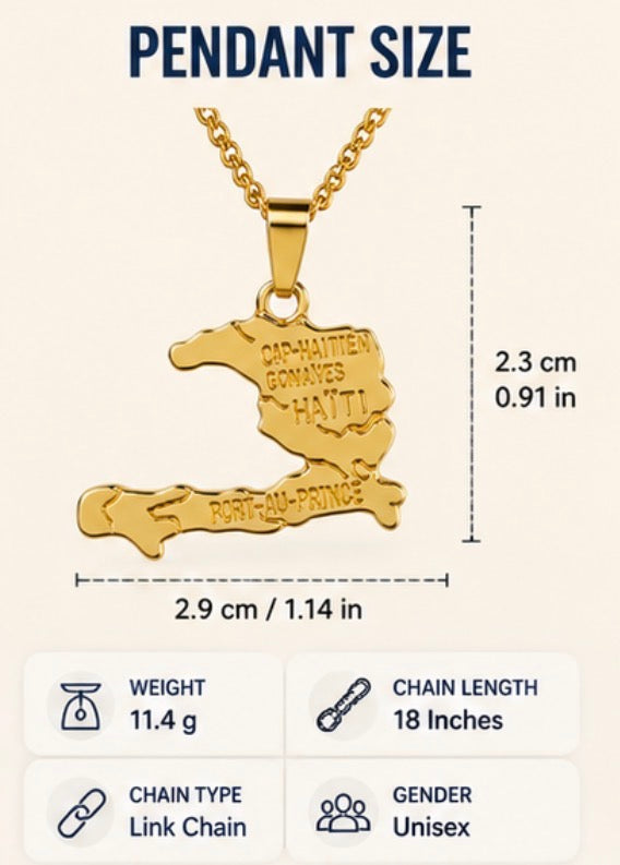 Haiti Map Pendant Necklace for Men & Women, 18K Gold Plated Zinc Alloy Haiti Necklace, 18 Inch Link Chain, Haitian Pride Jewelry, Country Map Pendant Gift for Haitian Heritage
