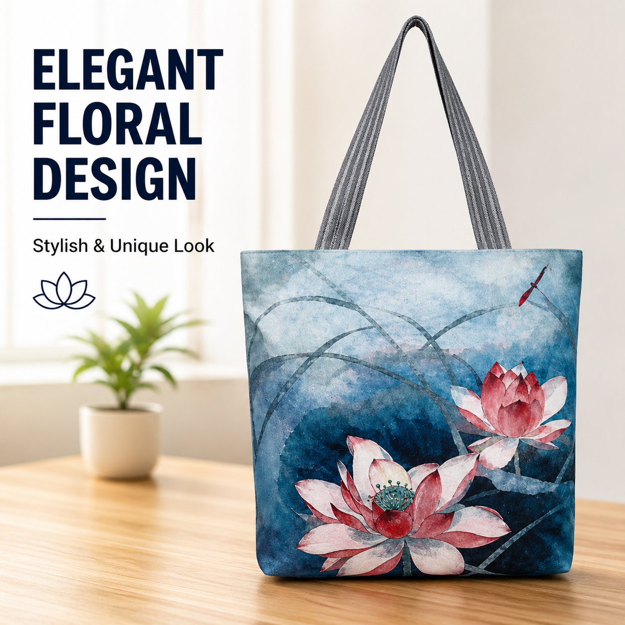 Large Lotus Floral Tote Bag for Women with Zipper – Waterproof Canvas Shoulder Bag for Work, Travel & Shopping