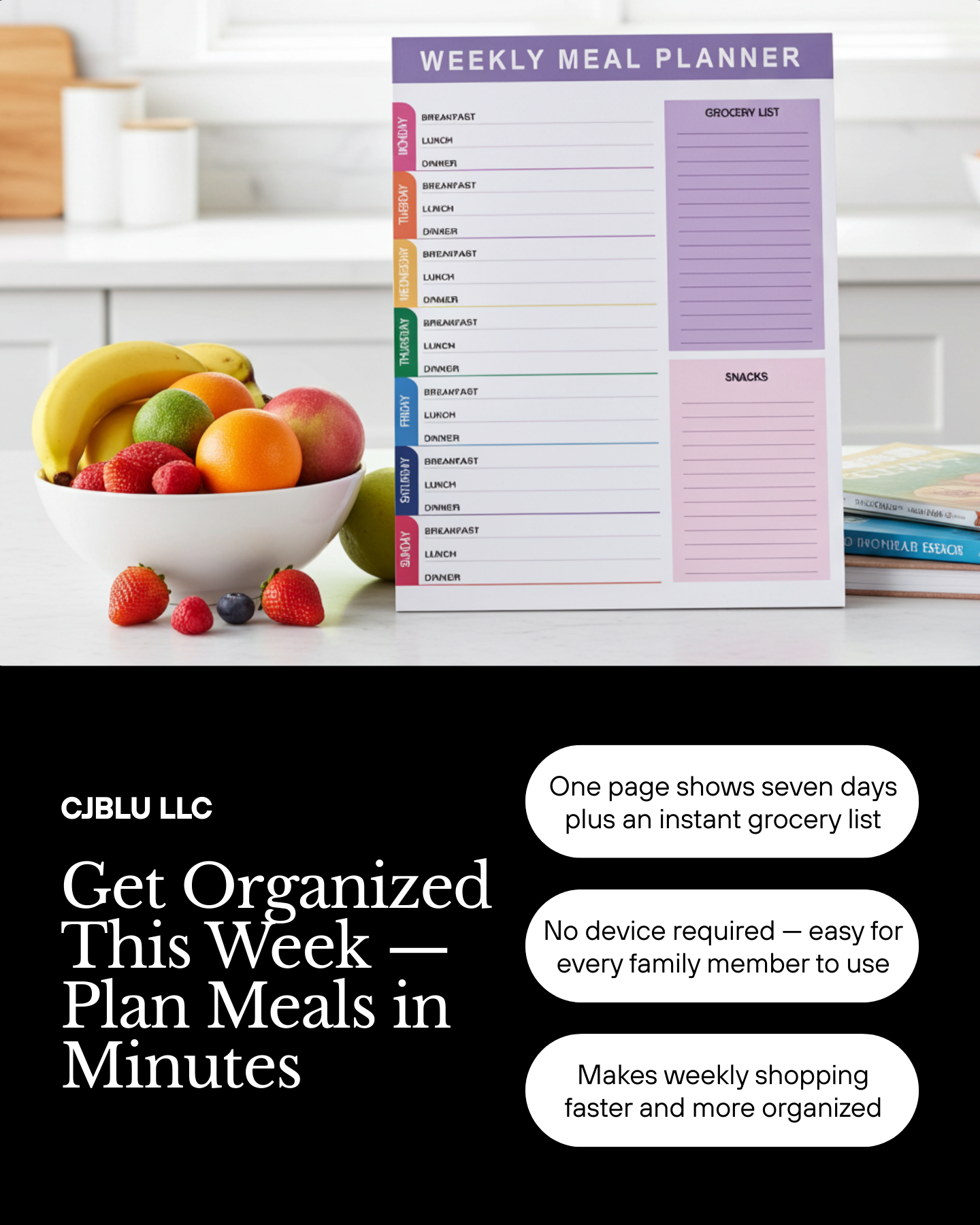 Weekly Meal Planner Notepad with Grocery List, 7 Days Breakfast Lunch Dinner Schedule, Snacks Section, Purple