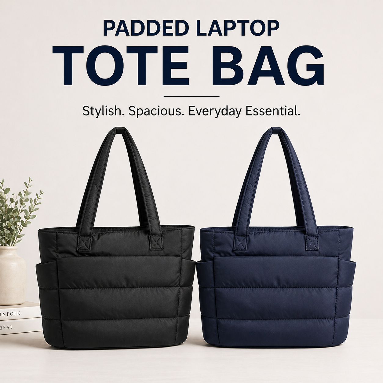 Padded Laptop Tote Bag – 15.6” Quilted Work & Travel Bag (Black & Navy)