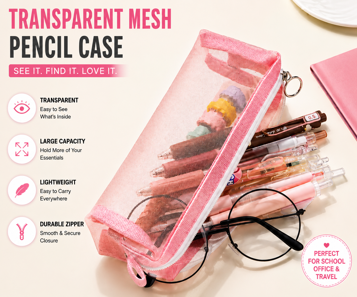 (2 pack )Transparent Mesh Pencil Case