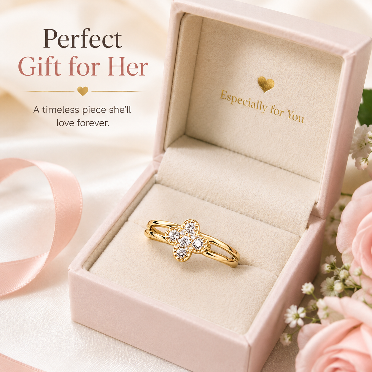 Four Leaf Clover Ring for Women, Gold or Silver Tone Stainless Steel Ring with Cubic Zirconia, Lucky Flower Ring, Fixed US Size 8, Dainty Fashion Jewelry Gift for H