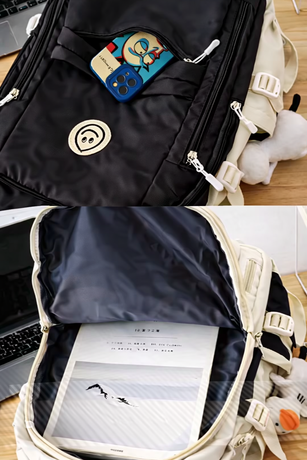 Kids Backpack Black & Cream Smiley Face
