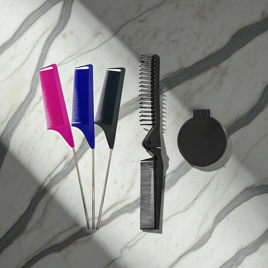 4 Piece Grooming Set with 3 Rat Tail Combs 1 Folding Comb Brush and Mini Mirror for Travel Compact Design Ideal On-the-Go Grooming Unisex