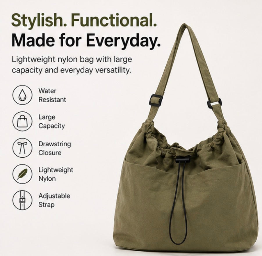 Minimalist style Drawstring Nylon Shoulder Tote Bag (Waterproof, Large Capacity)