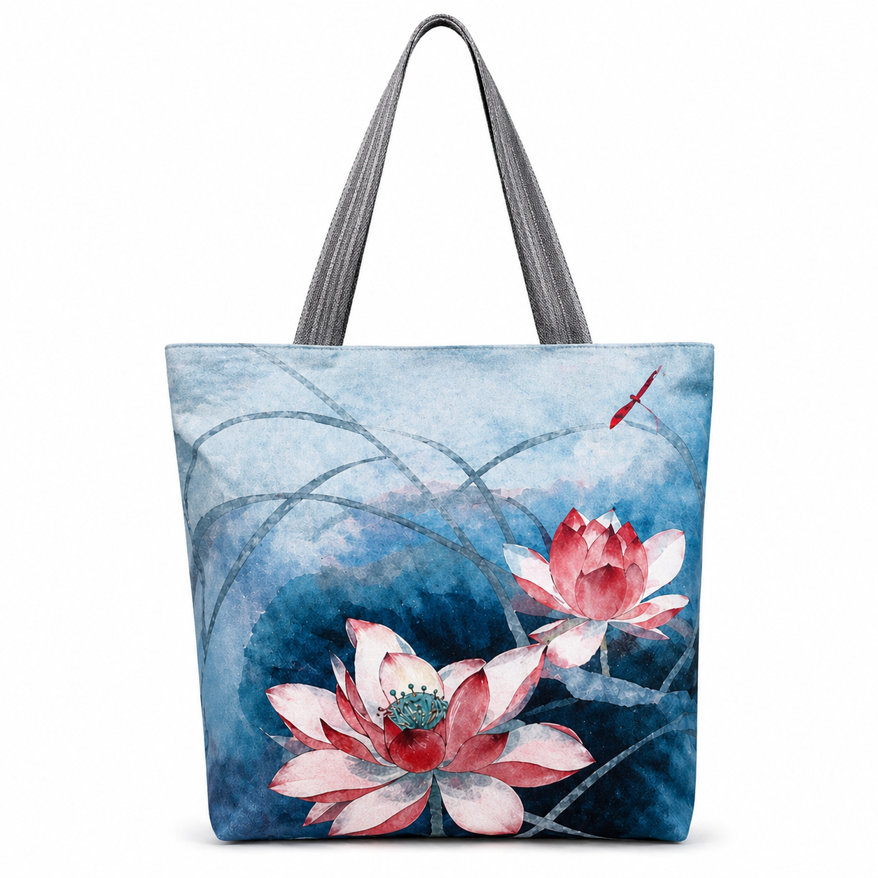 Large Lotus Floral Tote Bag for Women with Zipper – Waterproof Canvas Shoulder Bag for Work, Travel & Shopping