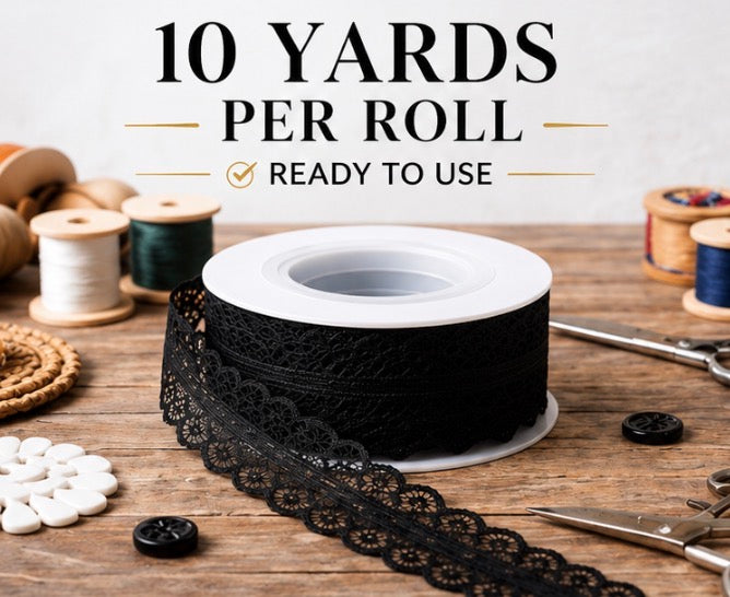 Black Lace Trim Ribbon – 10 Yards Decorative Scalloped Edge Fabric for Sewing, Crafts, Gift Wrapping, DIY Projects & Clothing Design