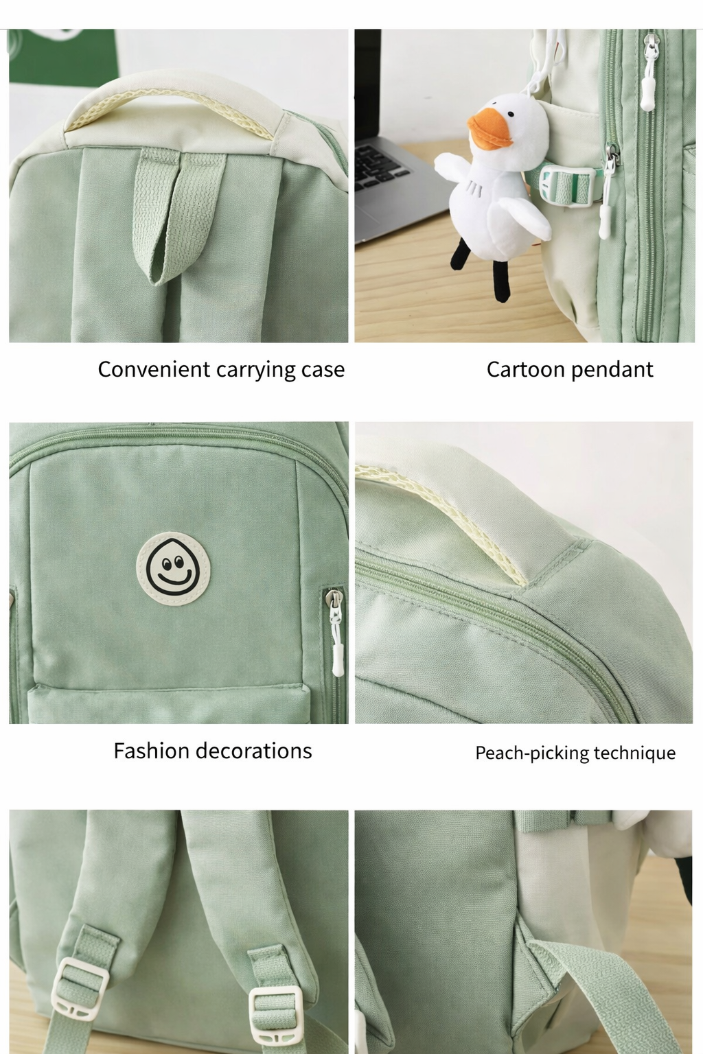 Kids Backpack Sage Green & Cream Smiley Face