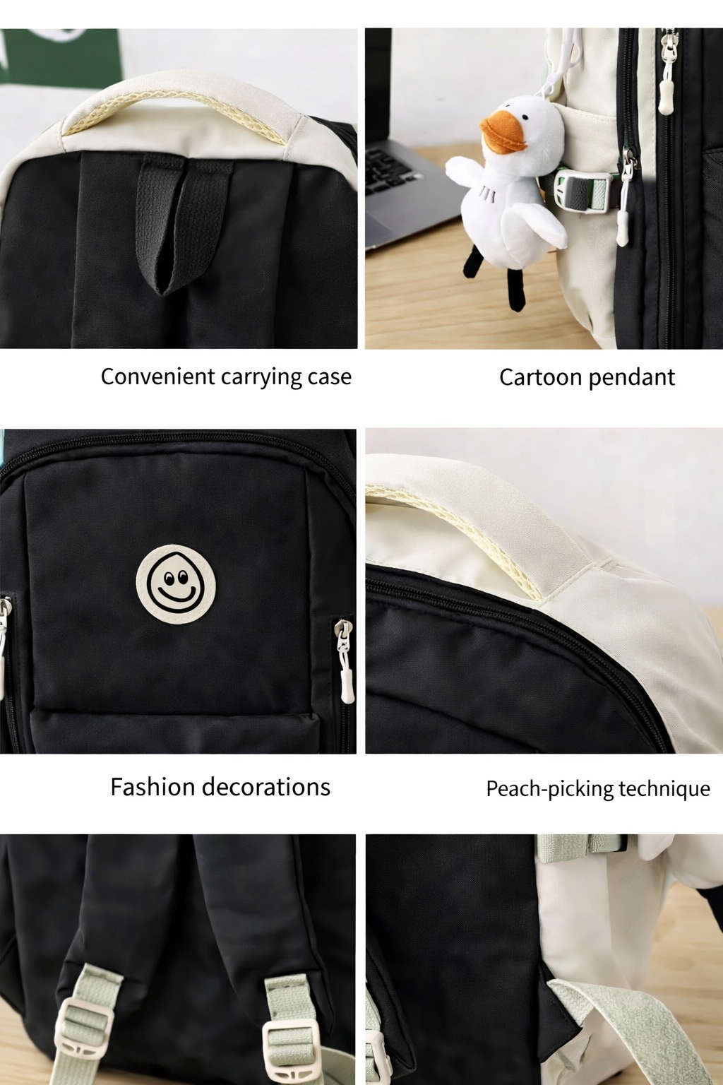 Kids Backpack Black & Cream Smiley Face