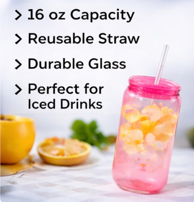 16 oz Colorful Glass Tumbler with Straw