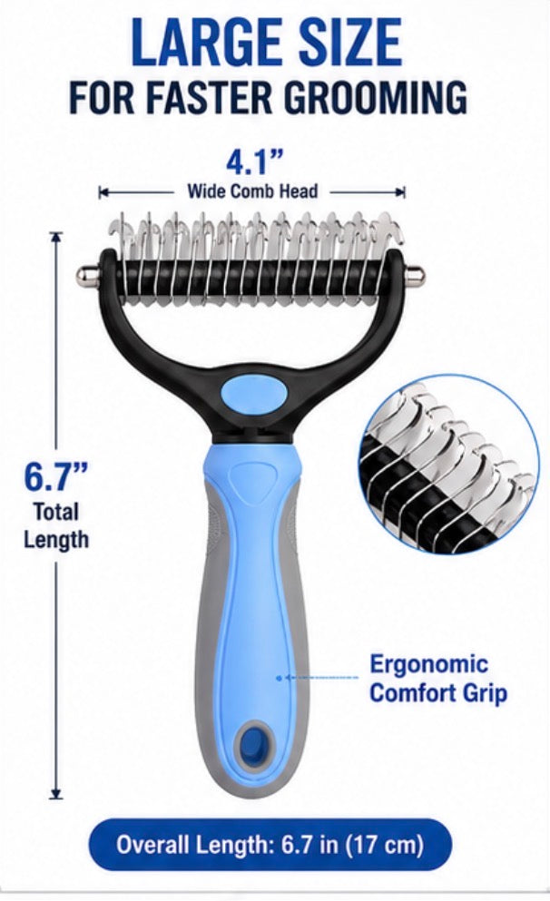 Large Pet Dematting Comb for Dogs & Cats, Double-Sided Grooming Rake, Undercoat Deshedding Brush for Shedding, Tangle Remover Tool with Non-Slip Handle, Blue