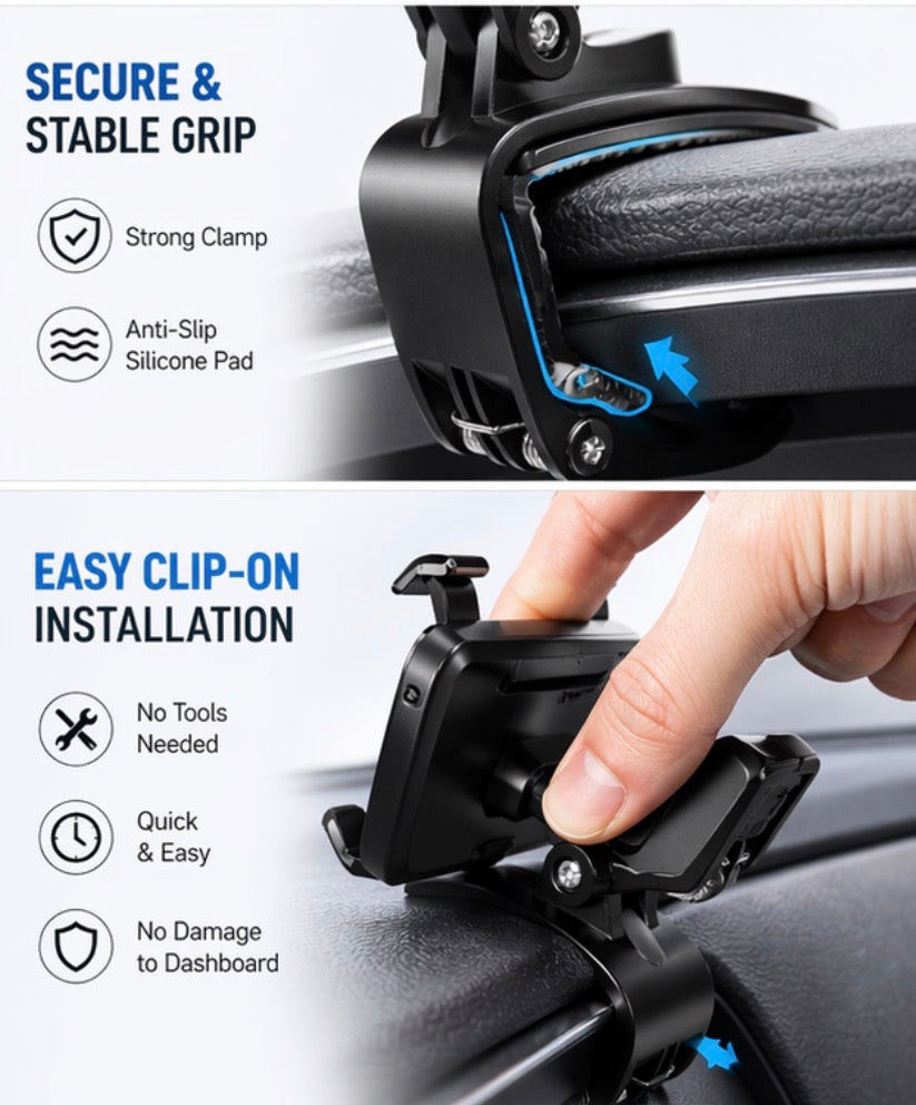 Adjustable Clamp Phone Mount for Car Dashboard, Desk, Bed & More