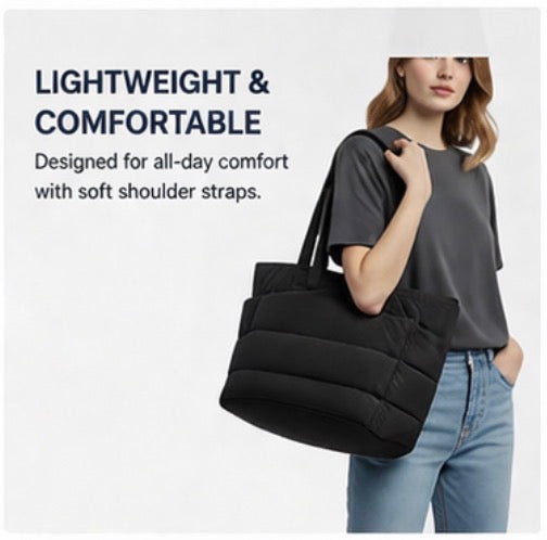 Padded Laptop Tote Bag – 15.6” Quilted Work & Travel Bag (Black & Navy)