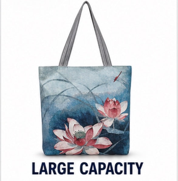Large Lotus Floral Tote Bag for Women with Zipper – Waterproof Canvas Shoulder Bag for Work, Travel & Shopping