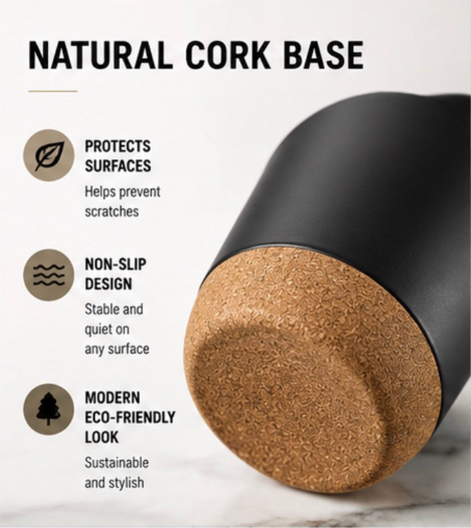 12oz Ceramic Coffee Mug with Cork Base & Splash-Proof Lid, Matte Black Coffee Cup, Reusable Travel Mug for Home Office Desk, Eco-Friendly Tea Mug with Non-Slip Cork Bottom