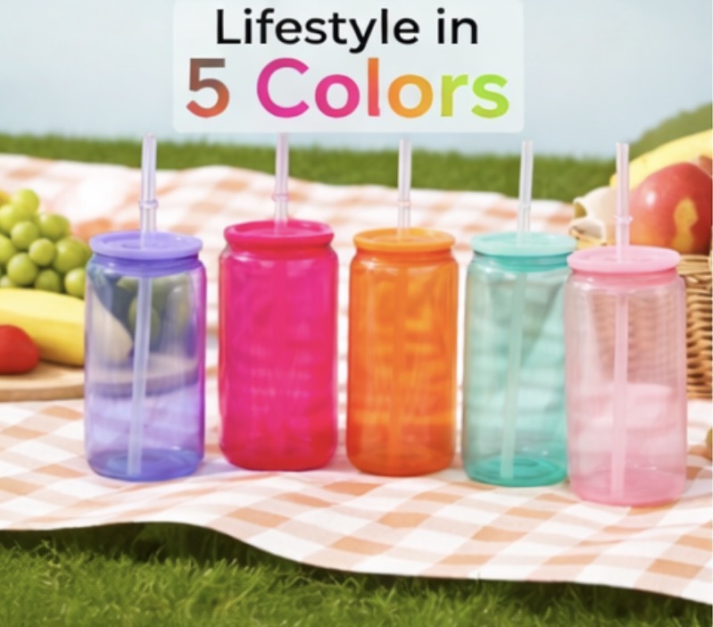 16 oz Colorful Glass Tumbler with Straw