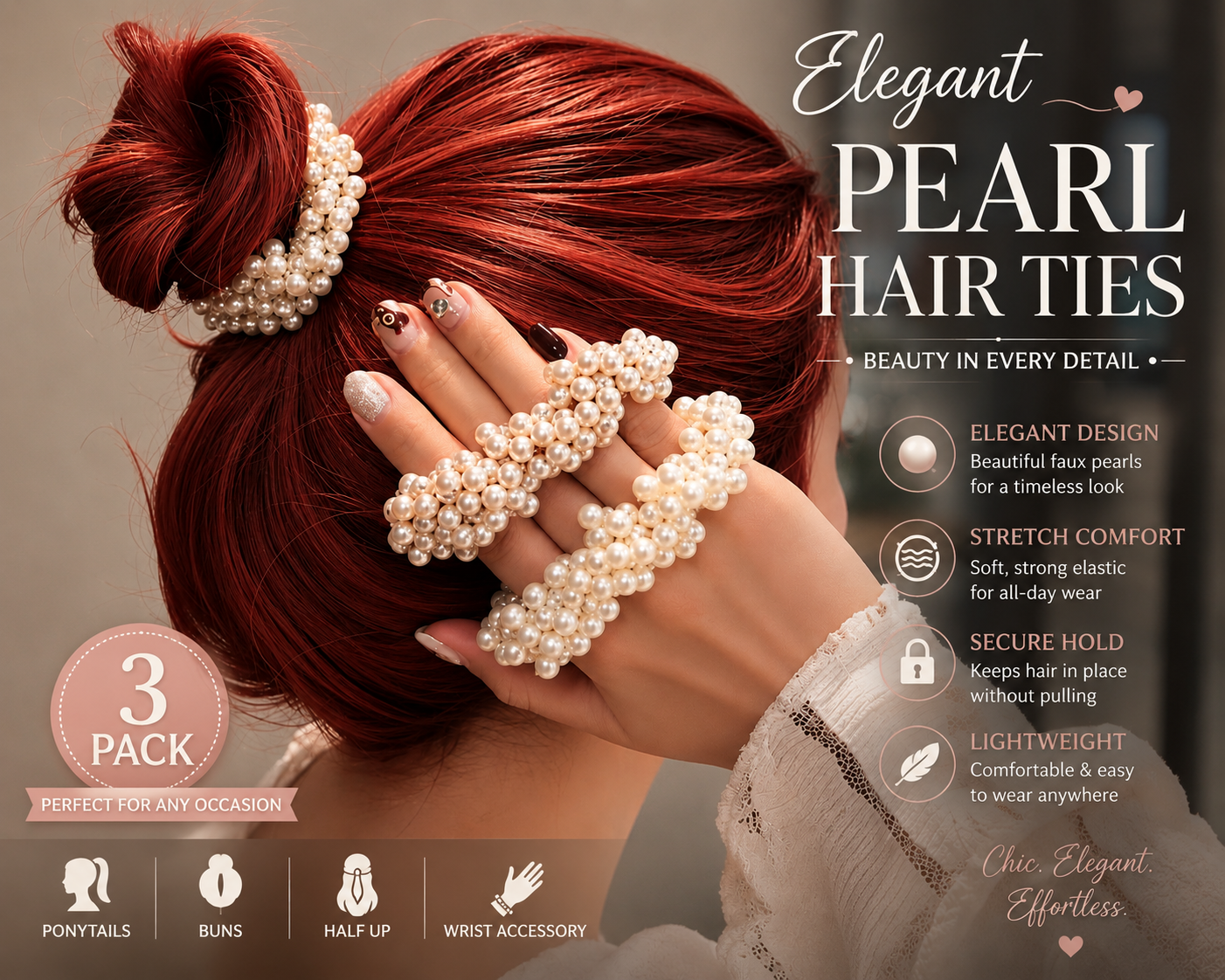 Pearl Hair Ties for Women, 3 Pack Faux Pearl Elastic Hair Ban