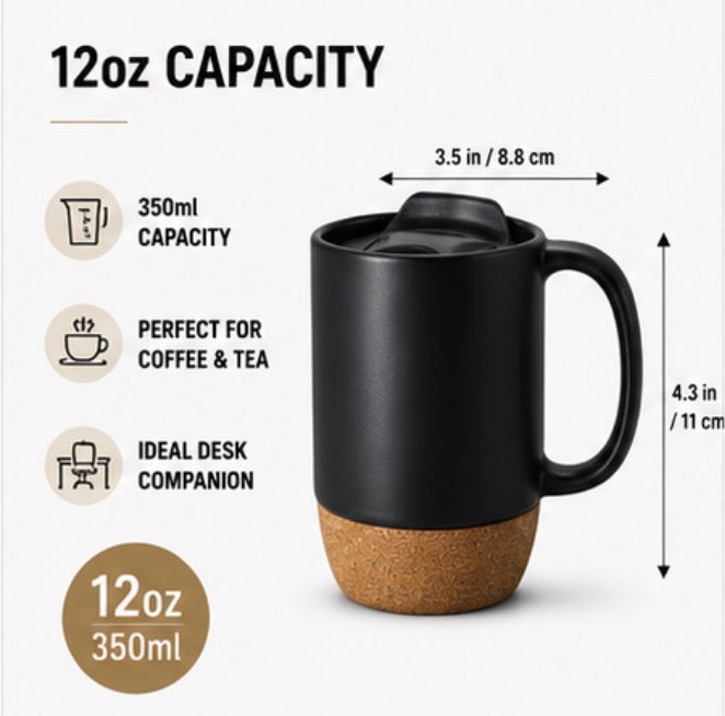 12oz Ceramic Coffee Mug with Cork Base & Splash-Proof Lid, Matte Black Coffee Cup, Reusable Travel Mug for Home Office Desk, Eco-Friendly Tea Mug with Non-Slip Cork Bottom