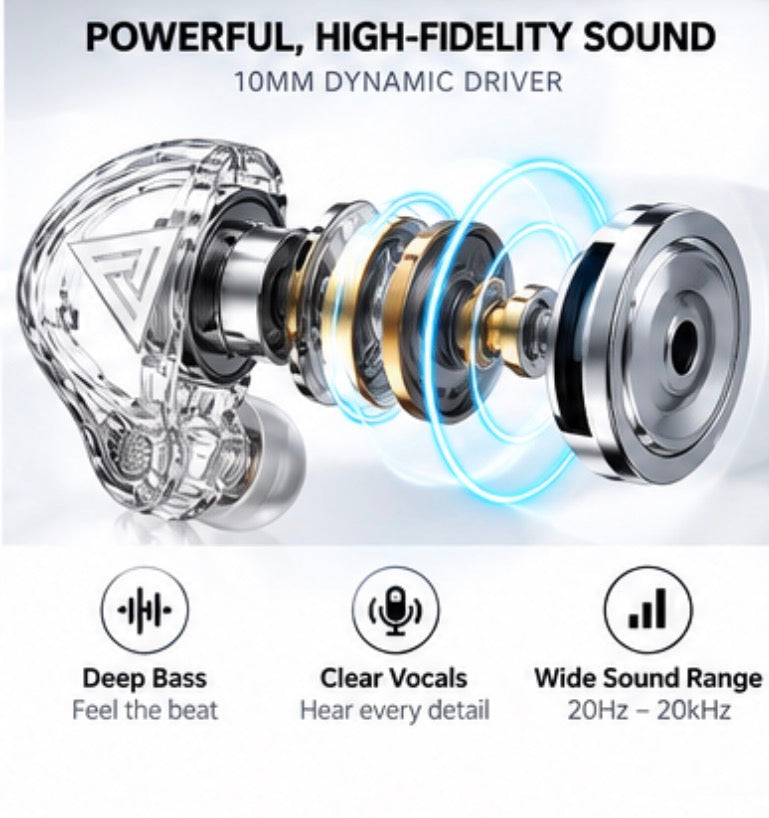 QKZ AK6 DMX Wired In-Ear Earphones, Clear Transparent Earbuds with 10mm Dynamic Driver, 3.5mm Plug, Detachable Cable, In-Line Microphone, Over-Ear Ear Hooks for Music, Gaming & Everyday Use