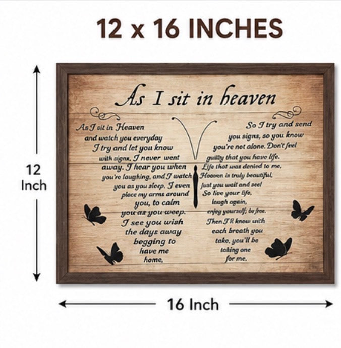 12 x 16 Inch Memorial Wall Art – “As I Sit in Heaven” Poem Plaque with Plastic Frame