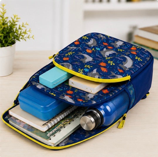 Kids Shark Backpack – 15” Lightweight School Backpack with Front Pocket, Blue Ocean Print.
