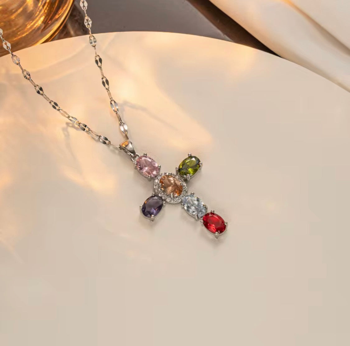 Elegant Multicolor Gemstone Cross Necklace