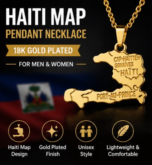 Haiti Map Pendant Necklace for Men & Women, 18K Gold Plated Zinc Alloy Haiti Necklace, 18 Inch Link Chain, Haitian Pride Jewelry, Country Map Pendant Gift for Haitian Heritage