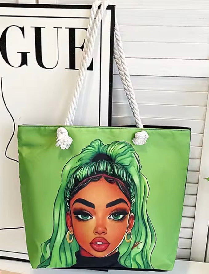 Green Tote Bag with Artistic Figure Design