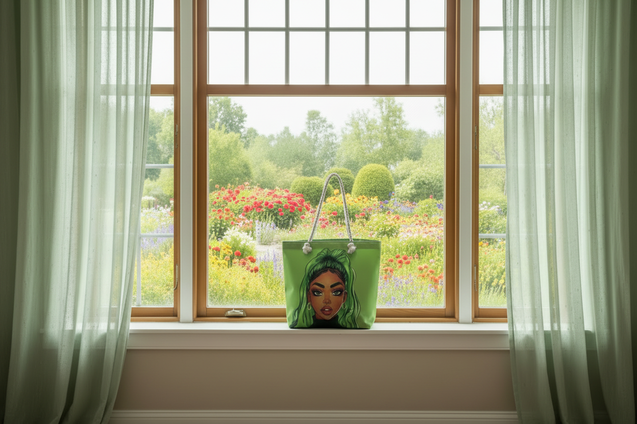 Green Tote Bag with Artistic Figure Design