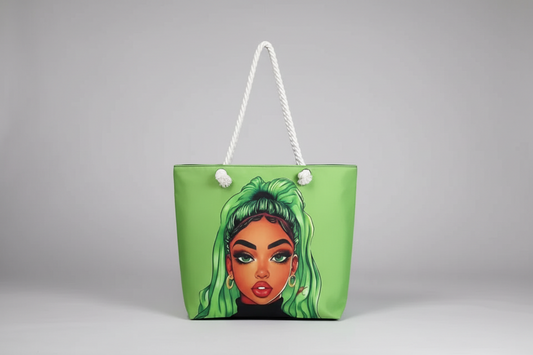 Green Tote Bag with Artistic Figure Design