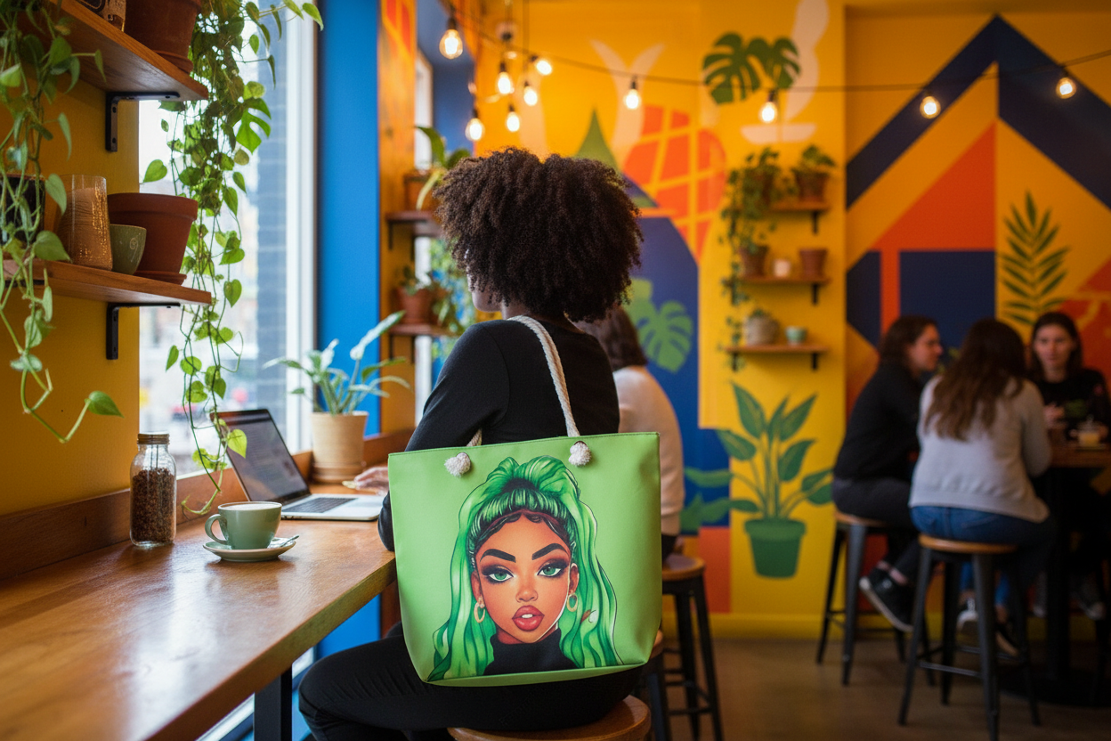 Green Tote Bag with Artistic Figure Design